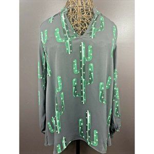 Izzy & Lola Small Long Balloon Sleeve Gray With Green Cactus Flowy Blouse